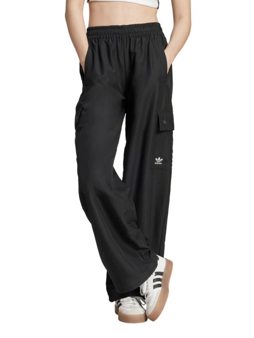 Adidas Women's Loose Fit Wide Leg Polyester Woven Black Cargo Pants, Medium